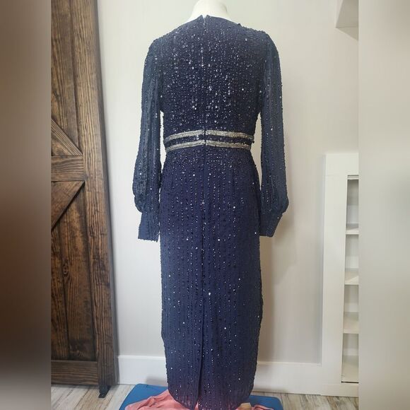 Mac Duggal SEQUINED V NECK BISHOP SLEEVE DRESS NWT size 18 blue (93593) - Picture 5 of 6